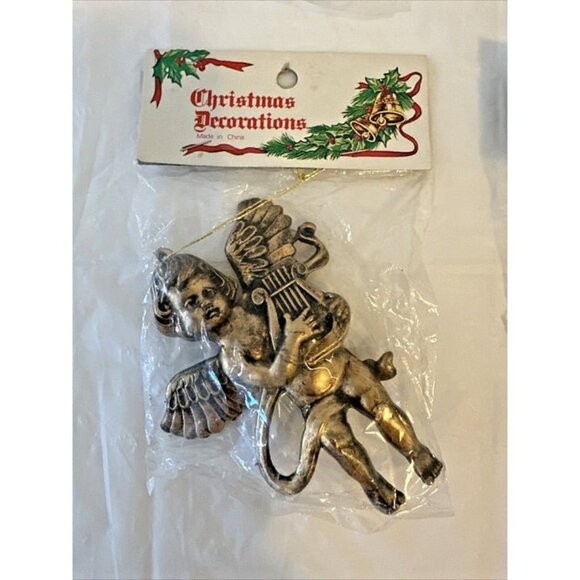 4 Vintage Christmas Ornaments Gold Cherubs Angels 4” Playing Musical Instruments - Picture 4 of 6
